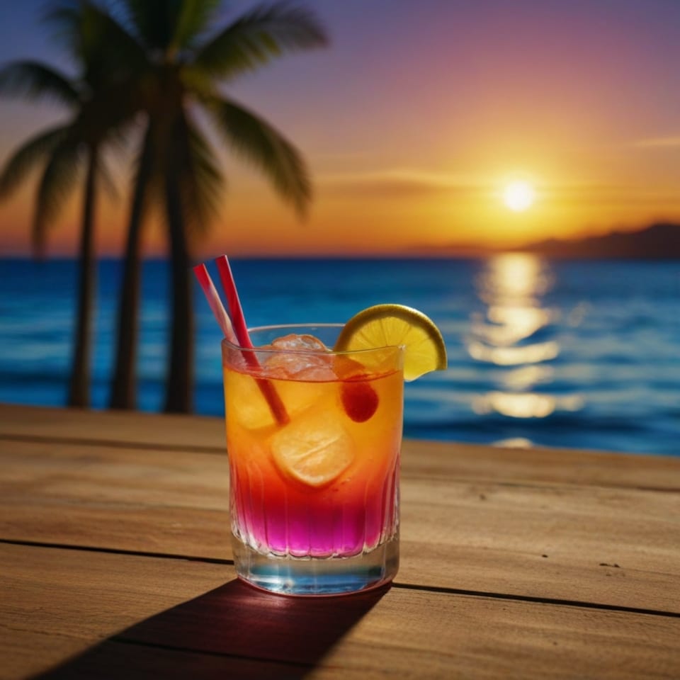 Tropical cocktail with red and orange layers, lemon, and cherries on a wooden table at sunset.